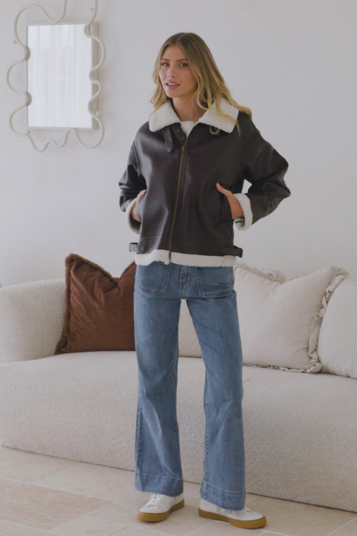 Domingo Jacket - Wing Collared Fleece Lined Biker Jacket in Brown