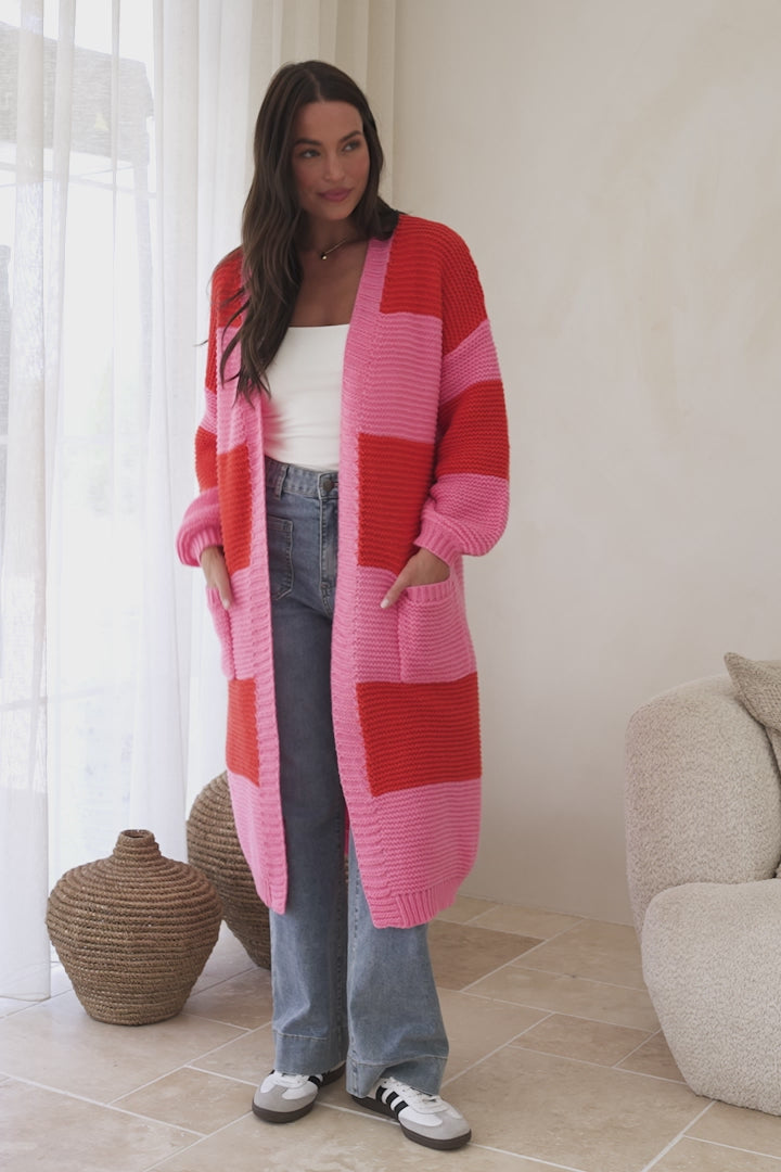 Finneas Cardigan - Longline Open Front Knit with Balloon Sleeves and Pockets in Pink