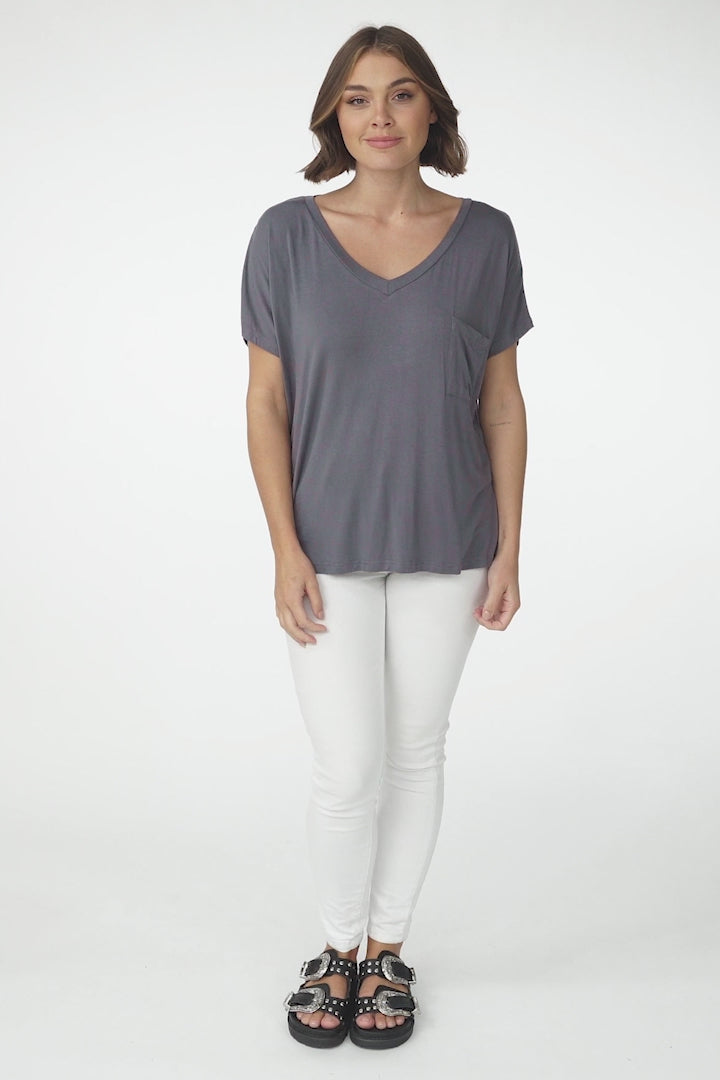 Rose T-Shirt - Relaxed Tee with Bust Pocket Detail in Grey