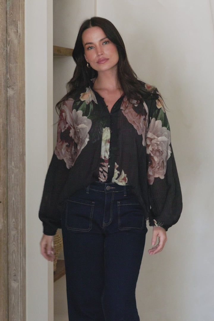 Kyla Blouse - Collared Button Down with Long Balloon Sleeves in Mika Print