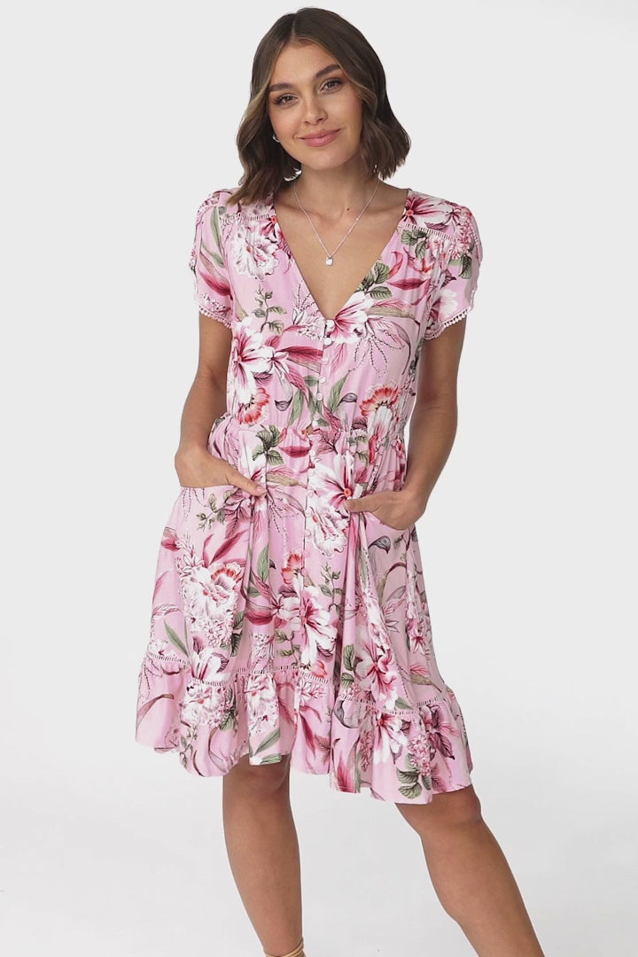 JAASE - Lizzie Mini Dress: Butterfly Cap Sleeve Button Down Dress with Pockets in Pink Lotus Print