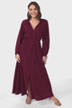 Amelie Maxi Dress - Frill Collar Button Through Dress with Waist Tie in Wine