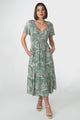 Amaya Midi Dress - Shirred Cap Sleeve A Line Dress in Havanna Print Green