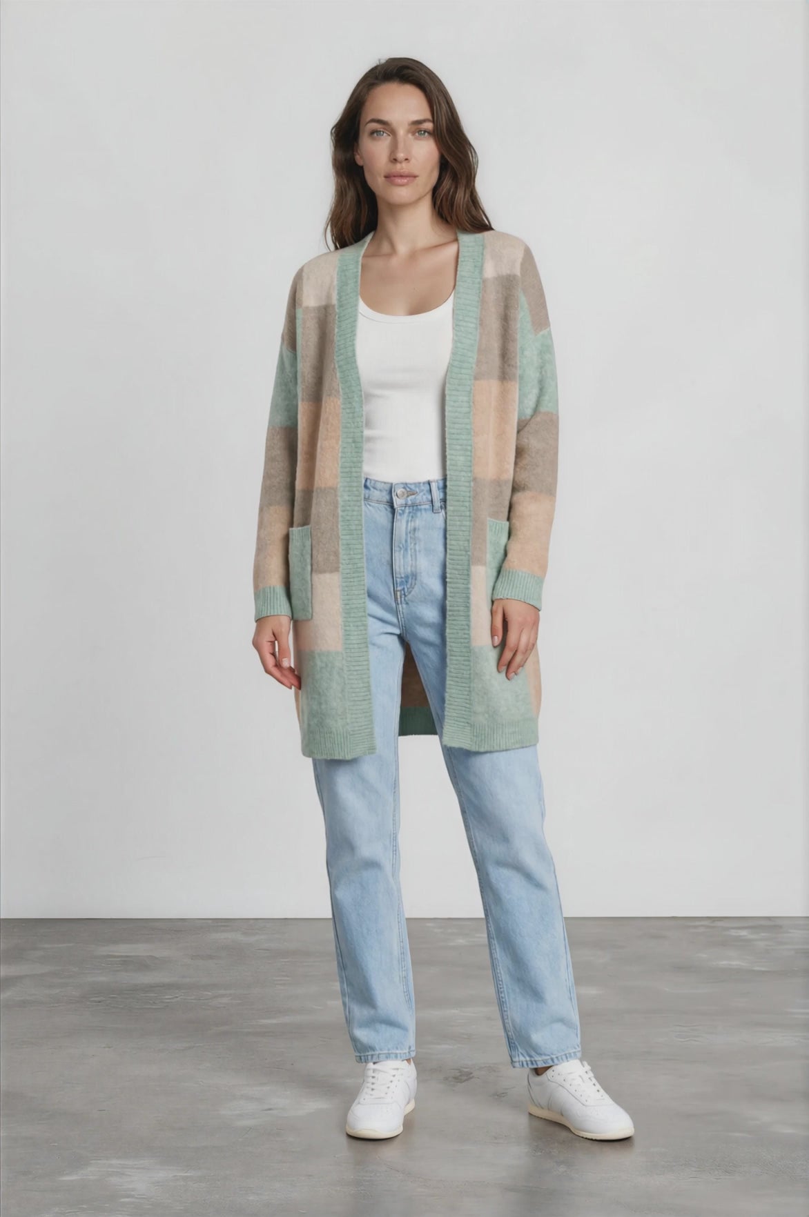Mabel Cardigan - Open Front Colour Block Stripe Knit with Pockets in Green