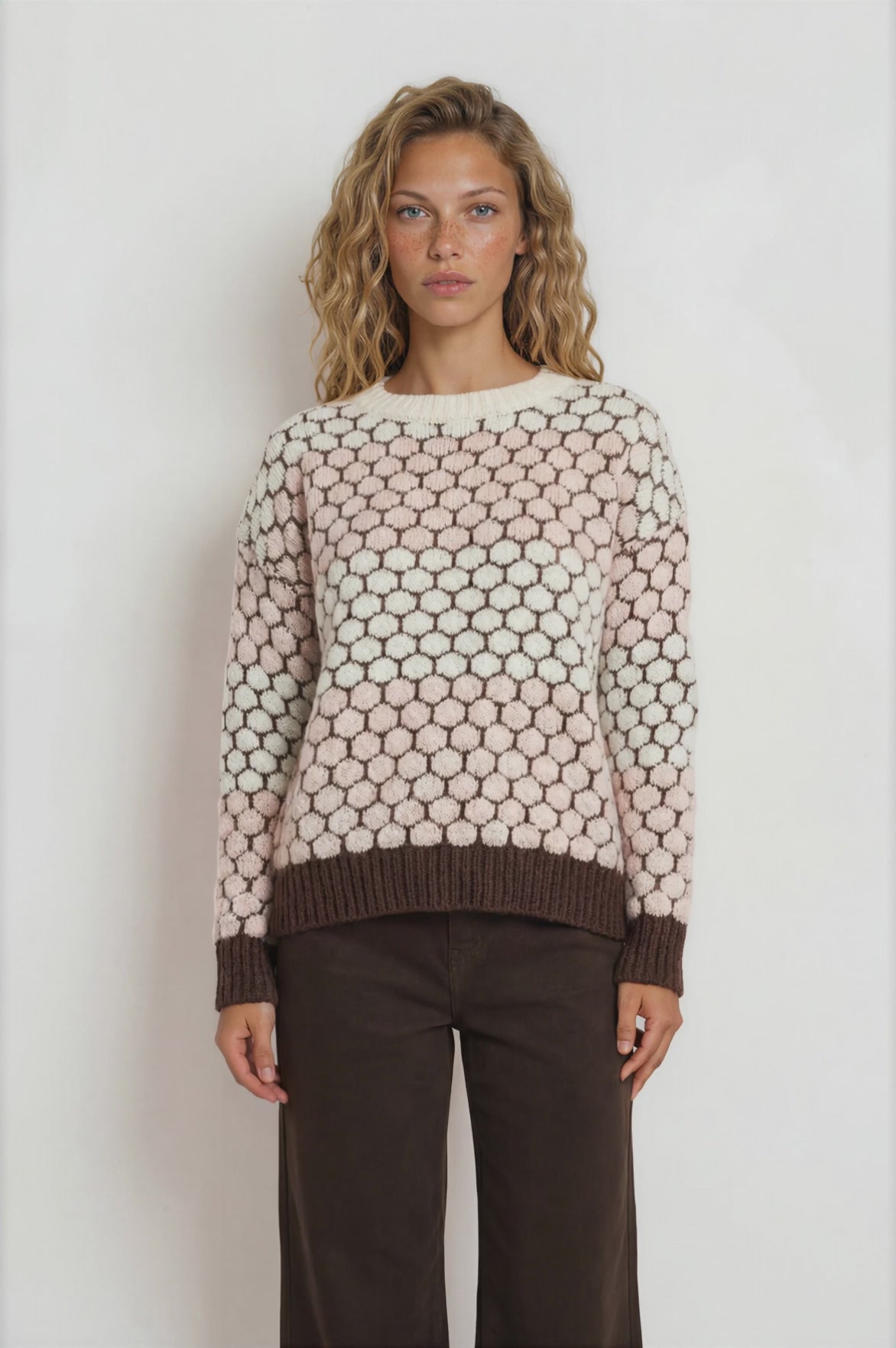 Betty Jumper - Crew Neck Contrast Stripe Bubble Knit with Ribbed Hemlines in Pink/Coffee