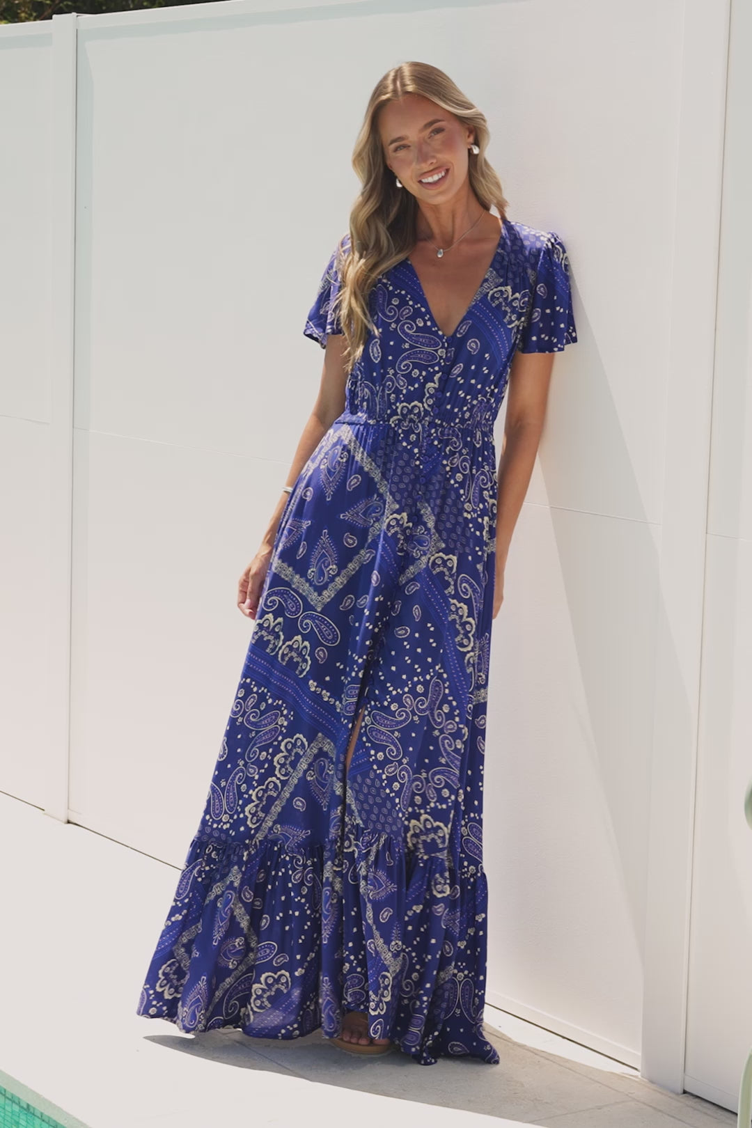 Kali Maxi Dress - Button-front Dress with Flutter Sleeves and Front Split in Bandana Print Blue