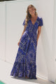 Kali Maxi Dress - Button-front Dress with Flutter Sleeves and Front Split in Bandana Print Blue