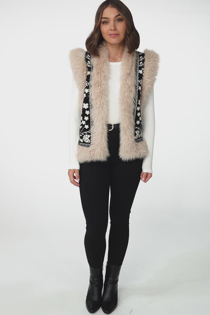 Wolfe Knit Vest - Faux Fur Trim Open Vest in Black