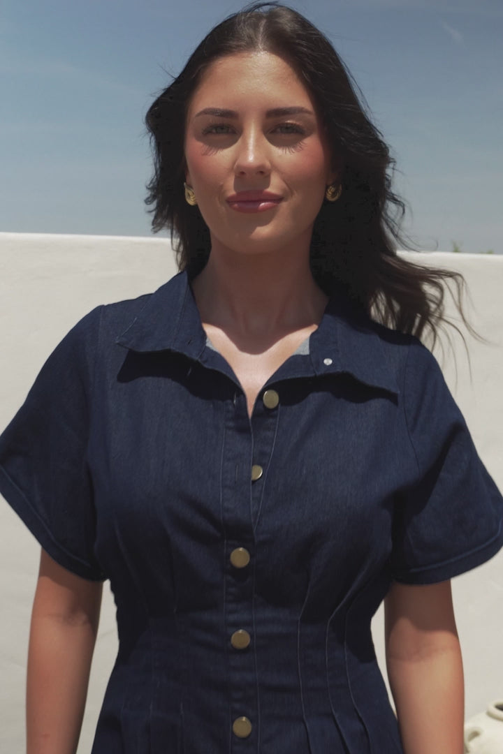 Sharlan Mini Dress - A-Line Button Detailed Denim Dress in Dark Denim