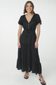 Hanna Maxi Dress - Cap Sleeve Tiered A Line Dress with Toggle Detailed Waist Tie in Black