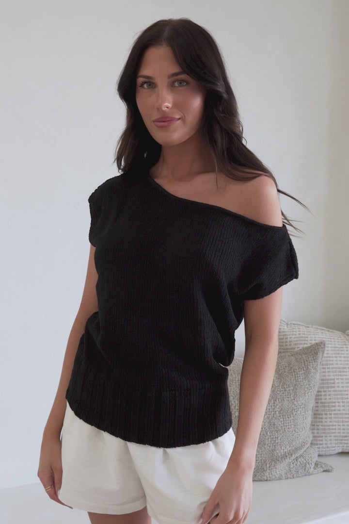 Mariah Knit Top - Sleeveless Asymmetric Neckline Top with Ribbed Hem in Black