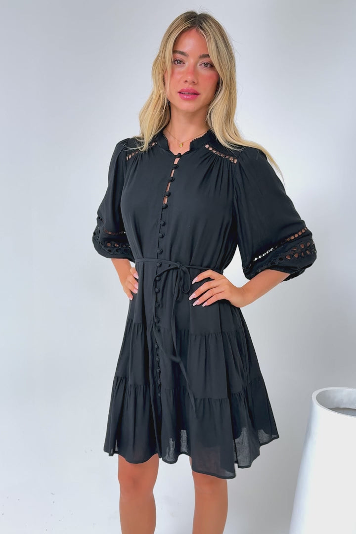 Alyce Mini Dress - Button Down Dress with Cut Out Detailed Sleeves and Matching Belt in Black