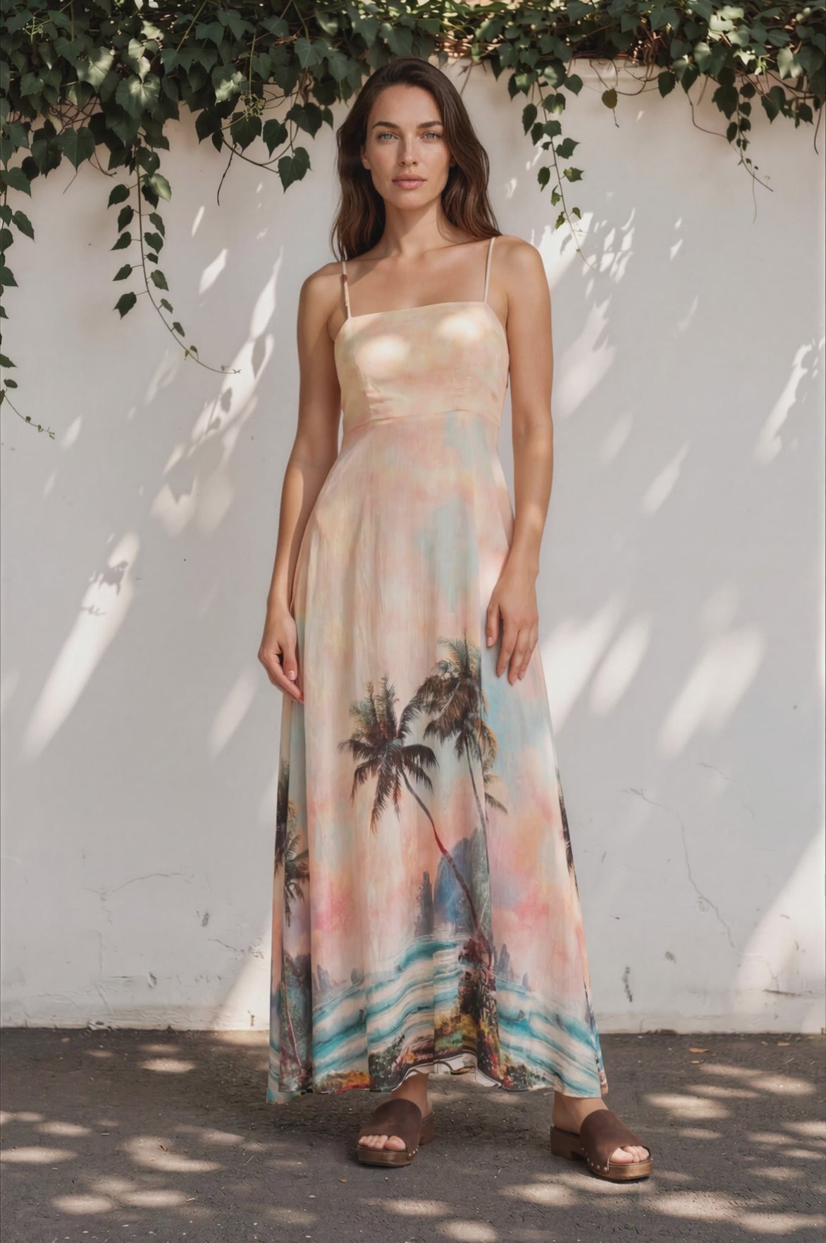 Gretal Maxi Dress - Sqaure Neck A-Line Dress with Adjustable Spaghetti Straps in Darya Print