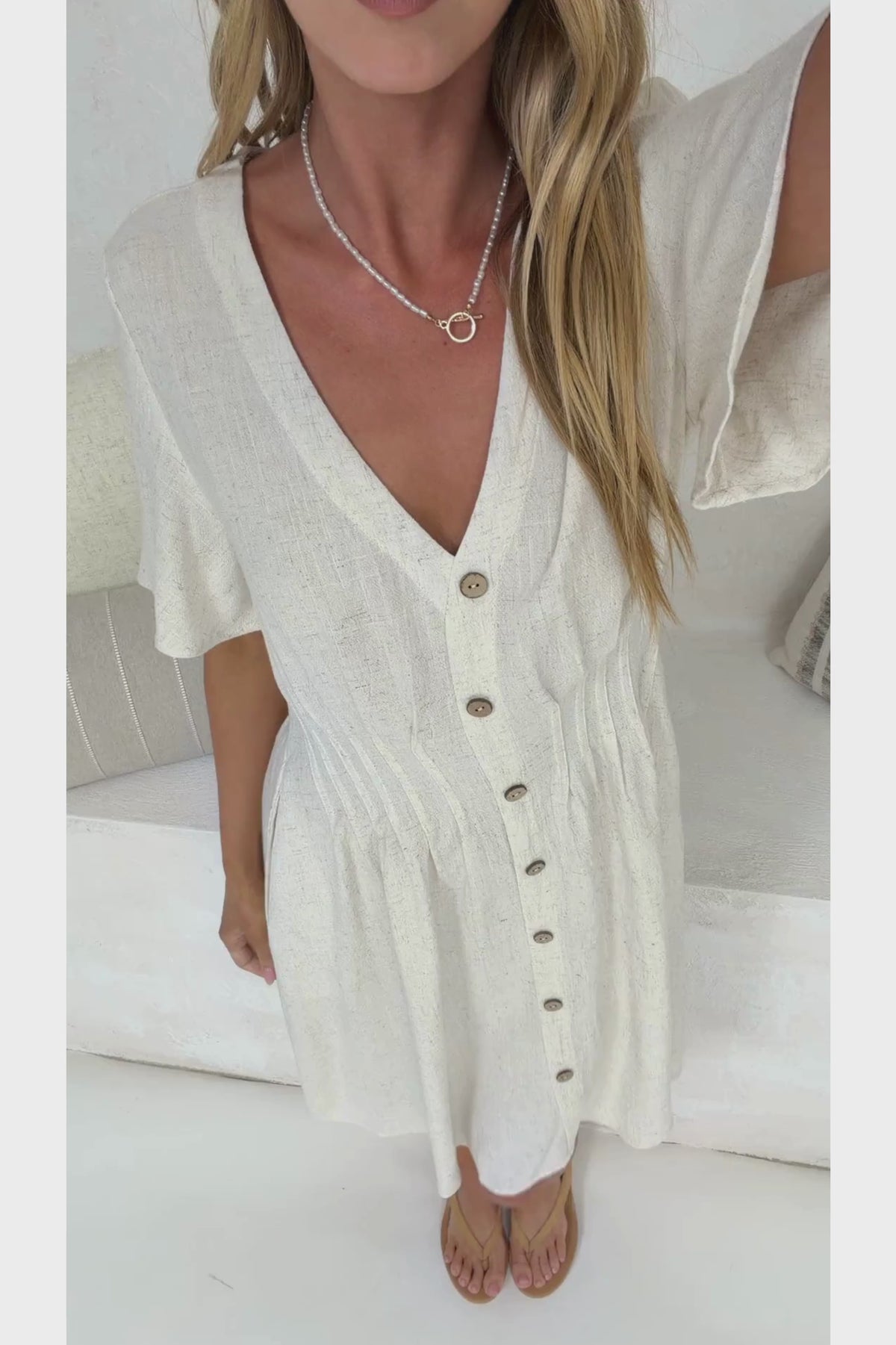 Karin Mini Dress - V Neck Flutter Sleeve Mini with Decorative Front Button Placket in Beige