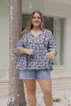 Dustin Top - Tie Neck Button Bodice Peplum Top with Frill Cuff 3/4 Sleeves in Micah Print Blue