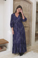 Kiaba Maxi Dress - V-Neck Buttoned Bodice 3/4 Sleeve A-Line Dress with Lace Inserts in Vilma Print Navy