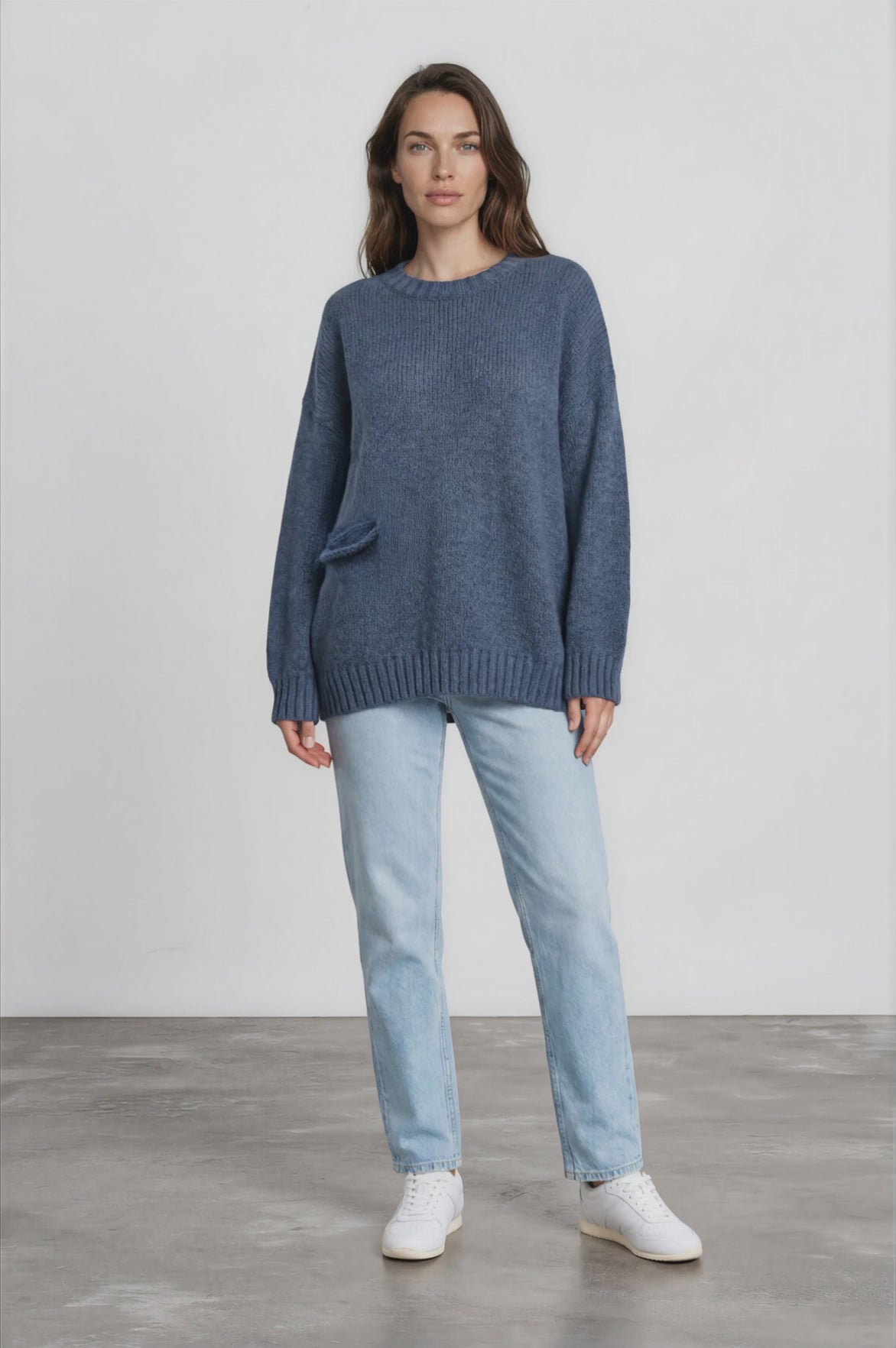 Caesar Jumper - Crew Neck Long Knit with Pocket and Ribbed Hemlines in Blue