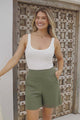 Mirra Shorts - High Waisted Long Line Shorts with Pockets in Green