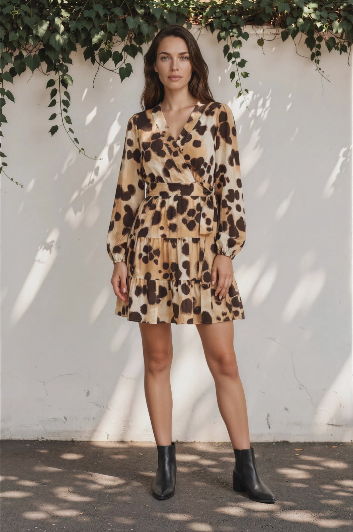 Sybil Mini Dress - Wrap A Line Dress with Long Balloon Sleeves in Leopard Print