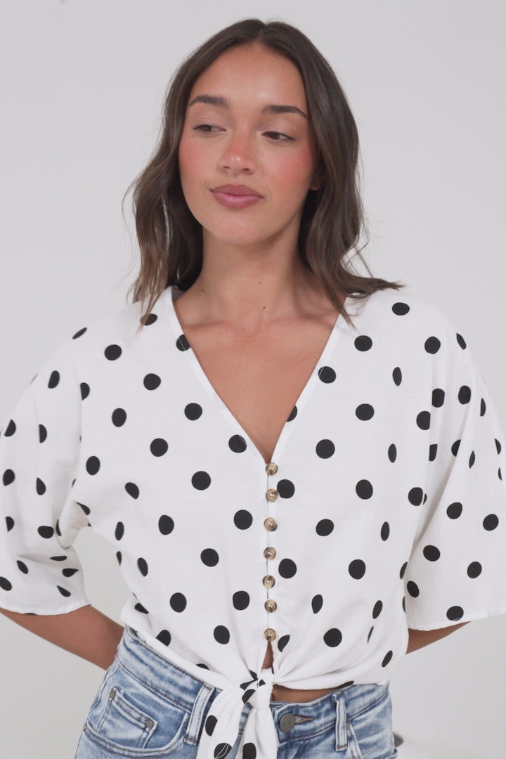 Waverly Top - V-Neck Button Down Top with Tie at Waist in Black Polka Dot Print