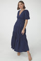 Sarelle Midi Dress - V Neck A Line Pleated Waistline Tiered Dress in Navy