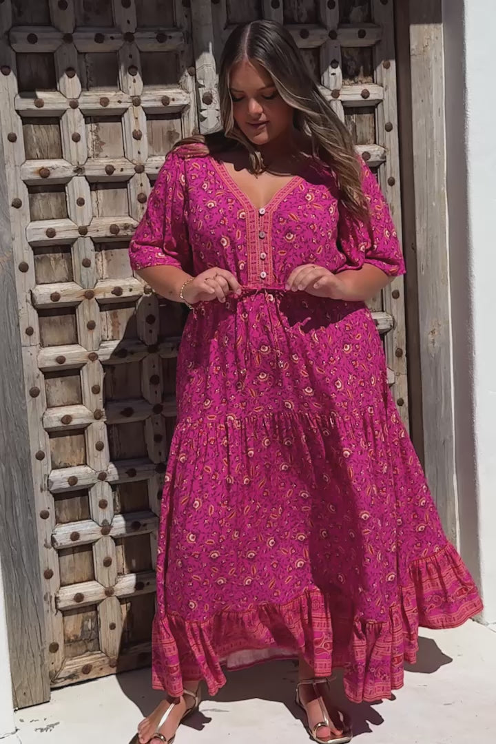 Tassia Maxi Dress - Buttoned Bodice Pull Tie Waist Dress in Quinne Print