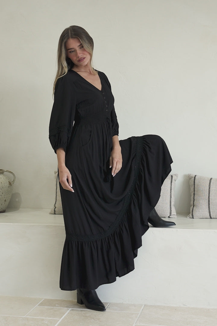 Kiaba Maxi Dress - V-Neck Buttoned Bodice 3/4 Sleeve A-Line Dress with Lace Inserts in Black