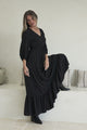 Kiaba Maxi Dress - V-Neck Buttoned Bodice 3/4 Sleeve A-Line Dress with Lace Inserts in Black