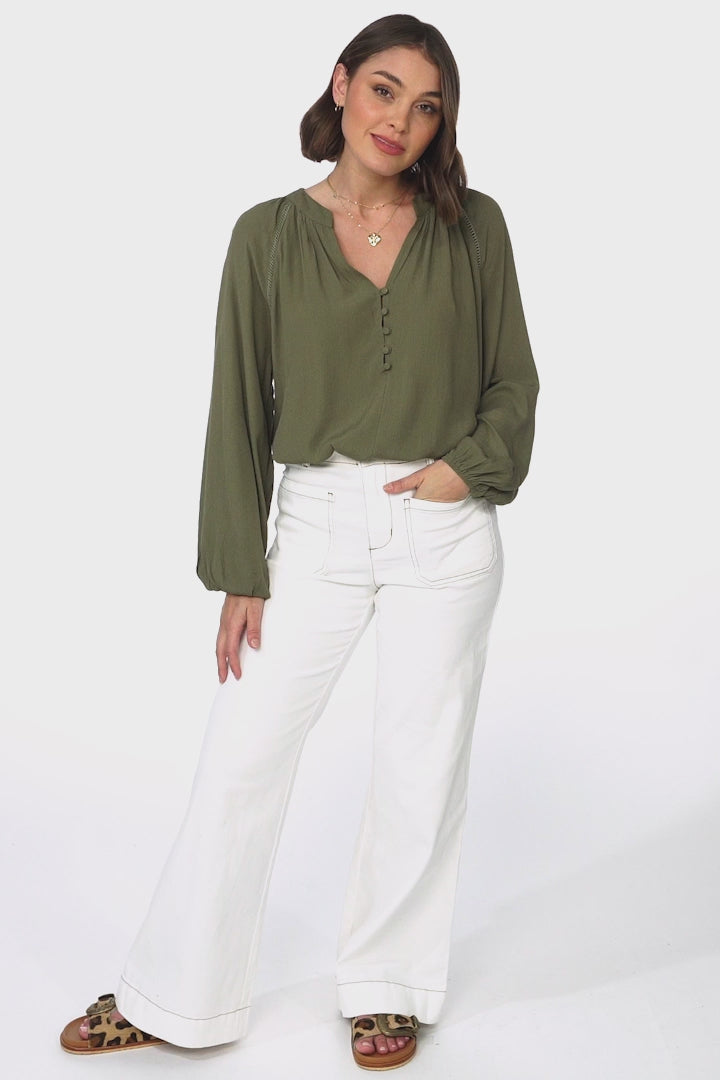 Magah Top - Buttoned Bodice Long Sleeve Slimline Smock Top in Military Green