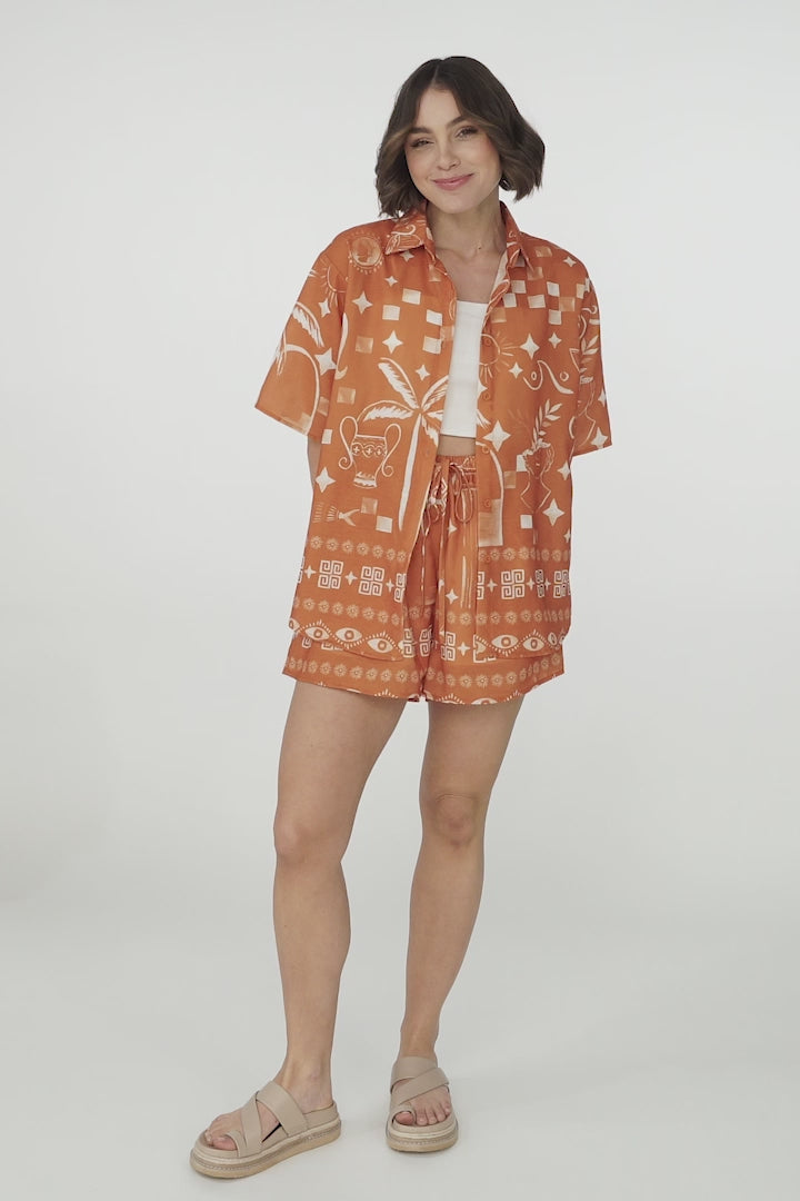 Talitha Button Up Shirt And Shorts Set - Embry Print in Orange