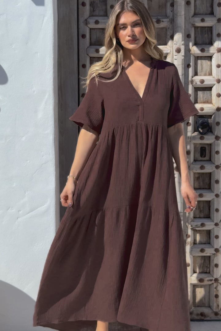 Laysa Maxi Dress - Mandarin Collar Buttoned Bodice Short Sleeve Dress in Chocolate