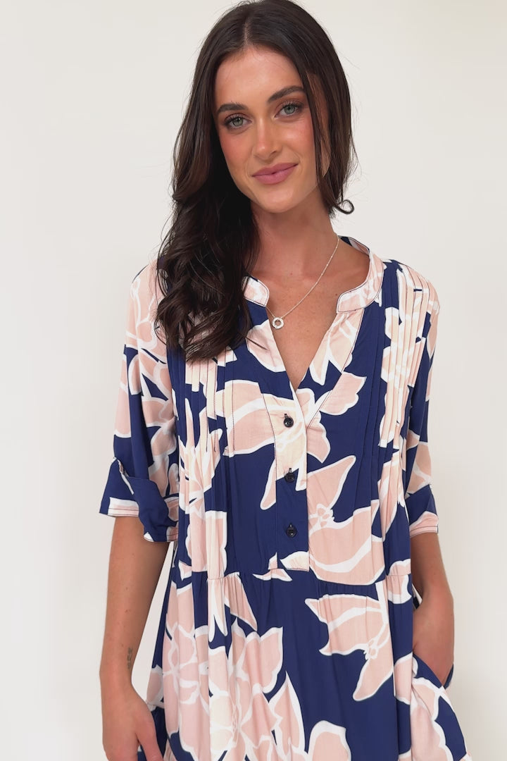 Evie Mini Dress - 3/4 Sleeve Tiered Smock Dress in Jetson Print Navy