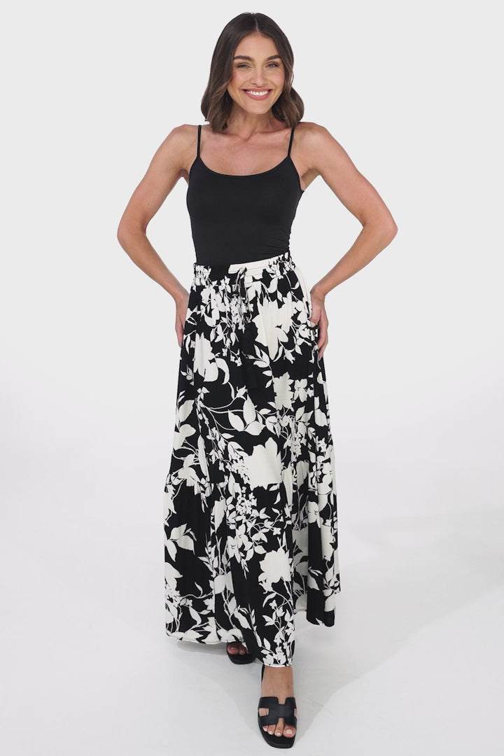 Hellen Maxi Skirt - High Waisted Skirt with Front Splits in Kacia Print Black