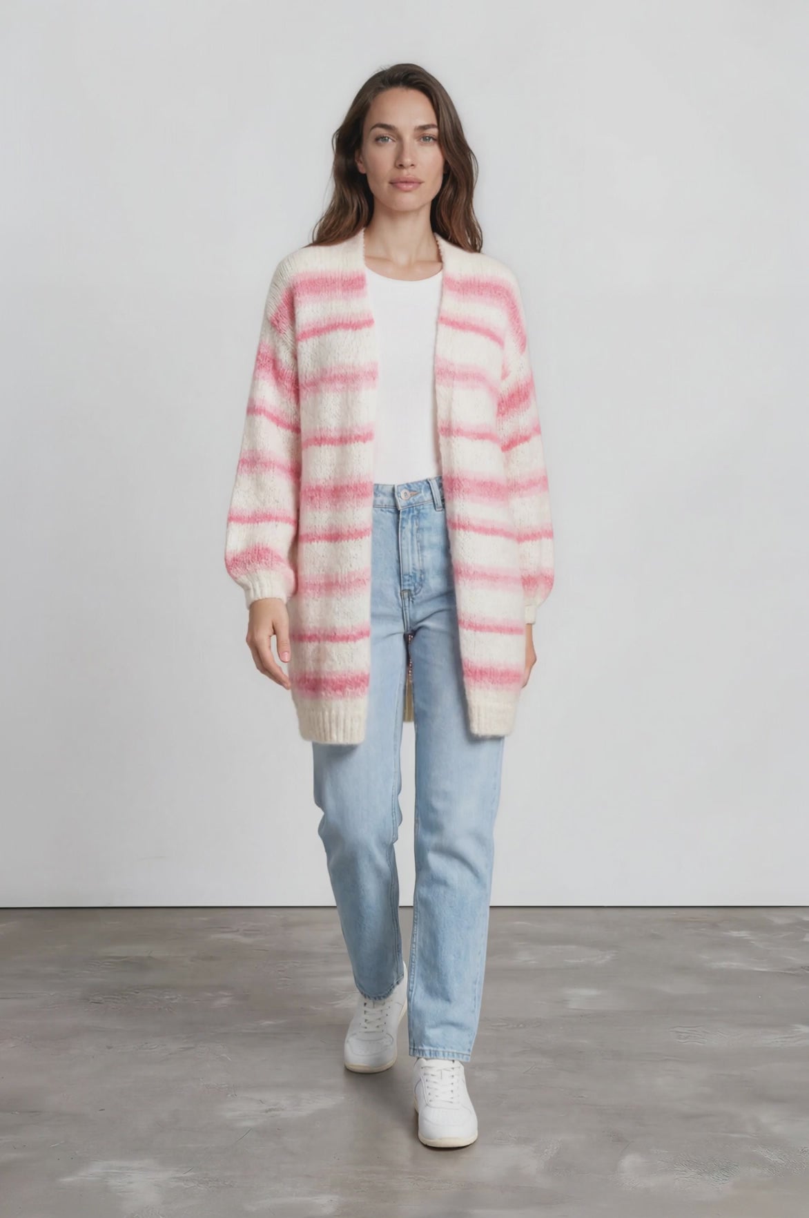 Delaney Cardigan - Open Front Stripe Knit with Pockets in Pink