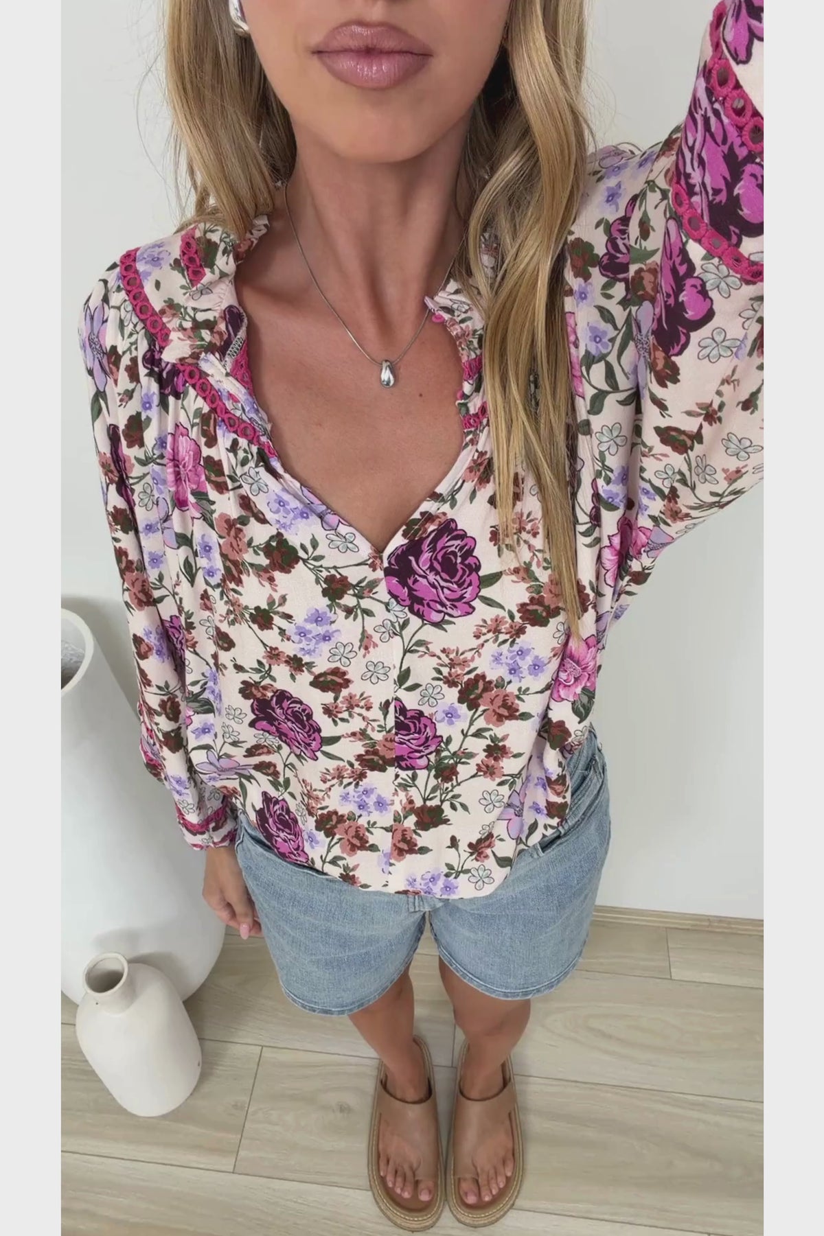Kalina Blouse -  V Neck High Low Top with Balloon Sleeves and Lace Detailing in Antonia Print Beige