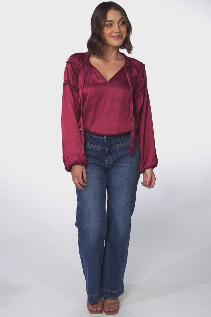 Analia Blouse - Frill Collar Relaxed Satin Look Blouse in Wine