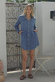 Kaylee Mini Dress - Collared Button Down with Scoop Hemline and Long Sleeves in Denim Blue