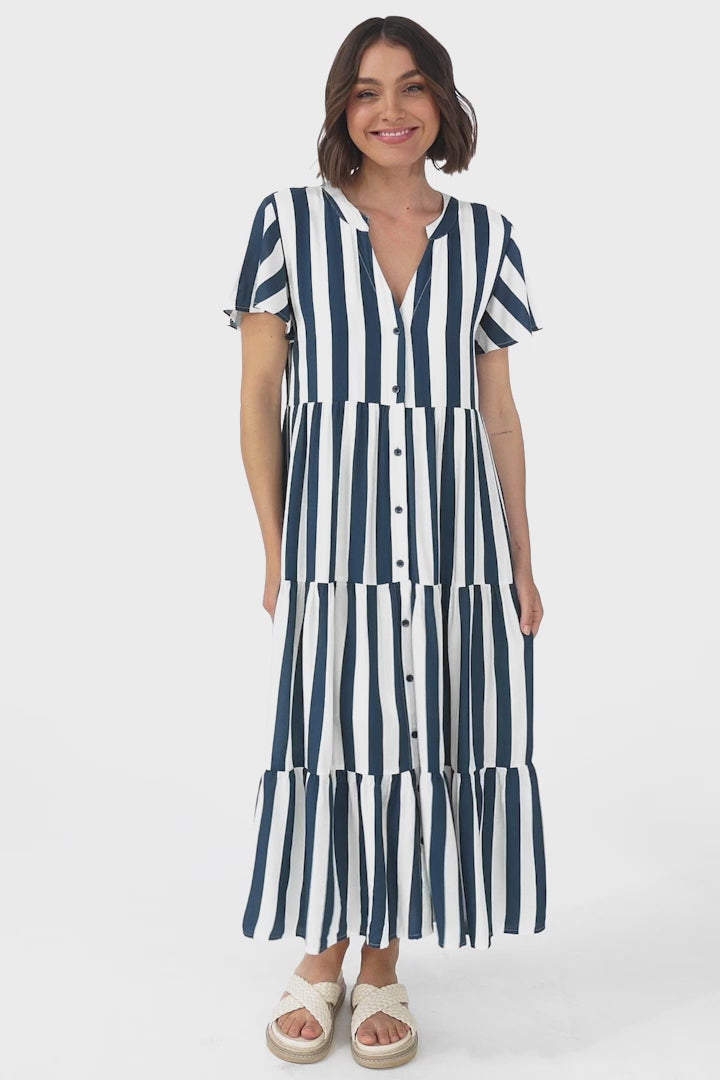 Milla Midi Dress - Tiered Button Down Dress in Gaubi Print Blue