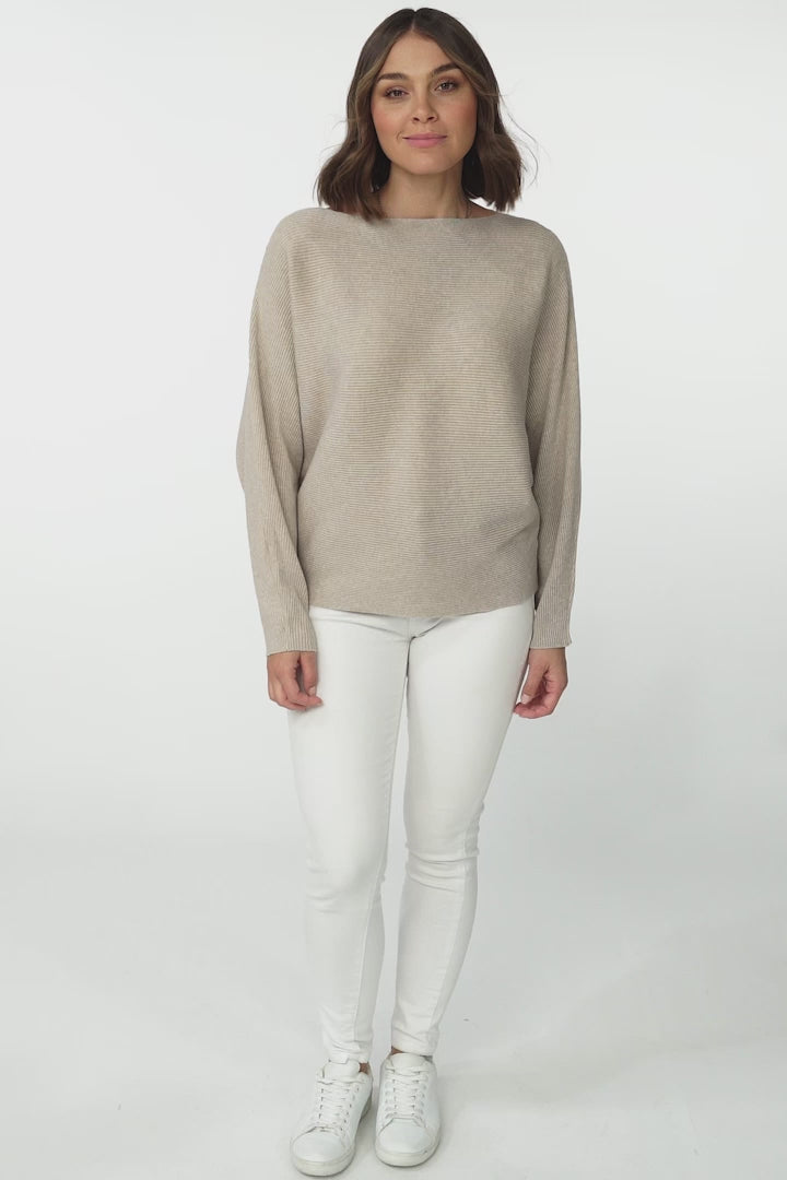 Havanah Knit Top - Boat Neckline Ribbed Top in Beige