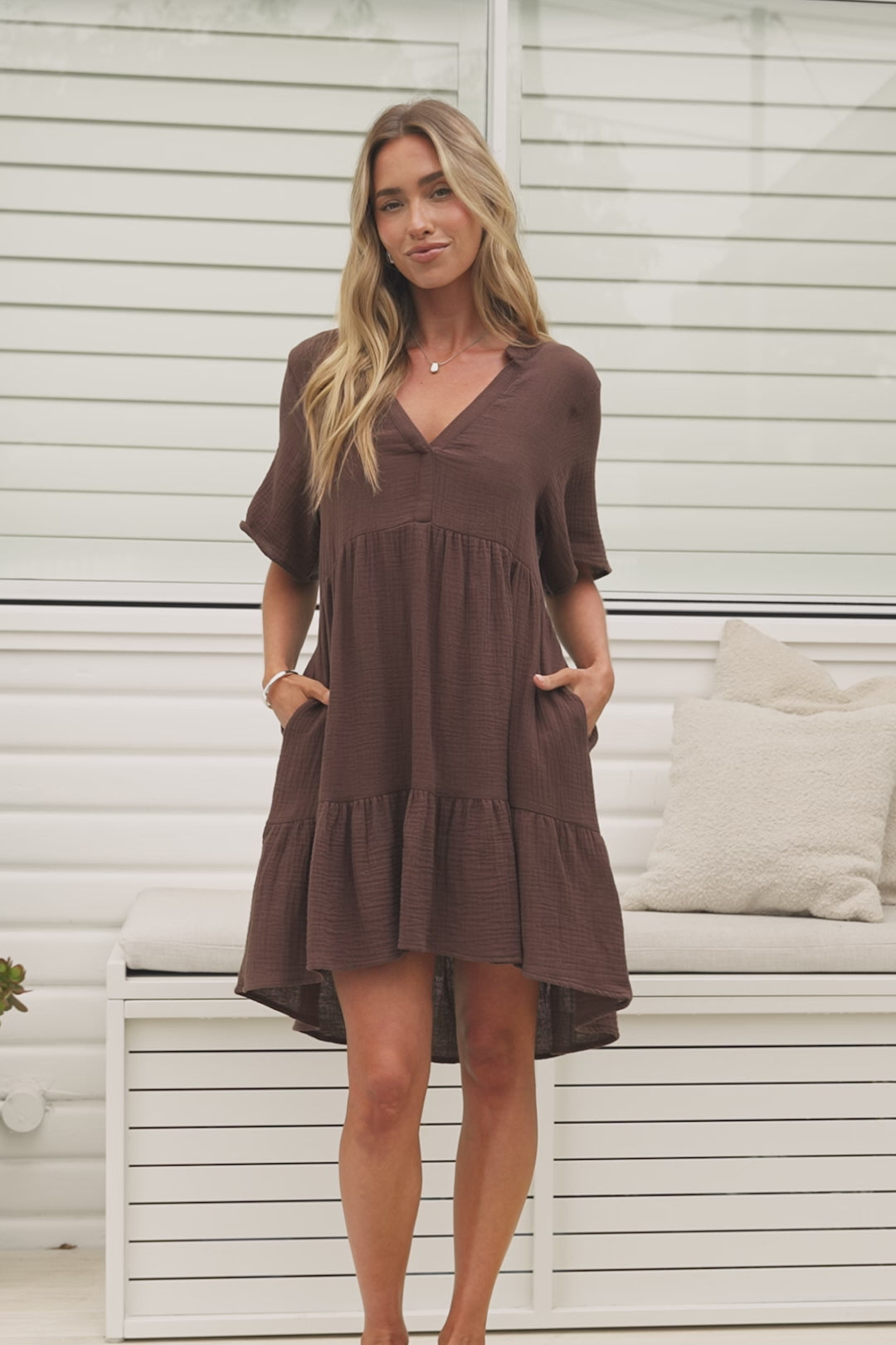 Laysa Mini Dress - Mandarin Collar Short Sleeve Tiered Dress in Chocolate