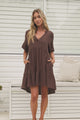 Laysa Mini Dress - Mandarin Collar Short Sleeve Tiered Dress in Chocolate