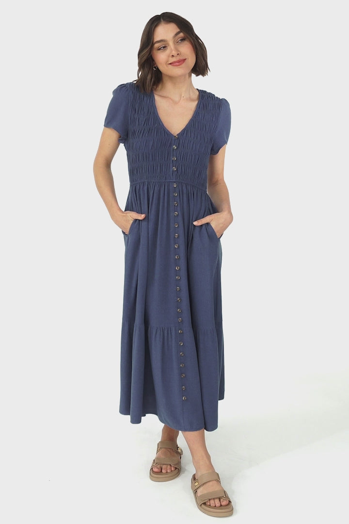 Stephan Midi Dress - Cap Sleeve Tortoiseshell Button-Down Tiered Dress in Navy