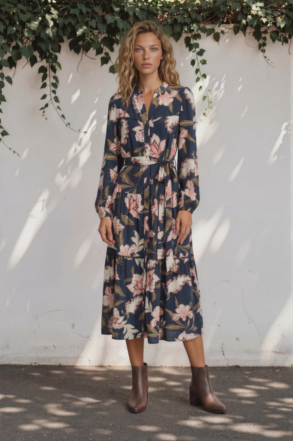 Bonham Maxi Dress - Mandarin Collar Front Button Placket Dress with Belt in Brighton Print