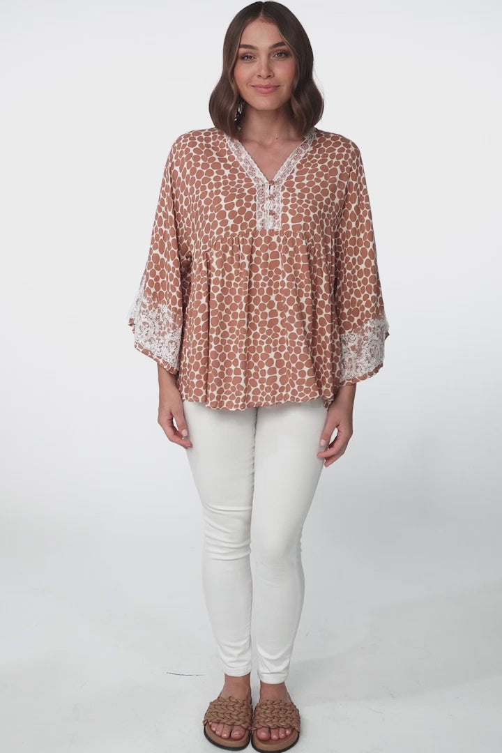 Kori Top - Lace Trim Flute Sleeve Smock Top in Aminah Print Rust