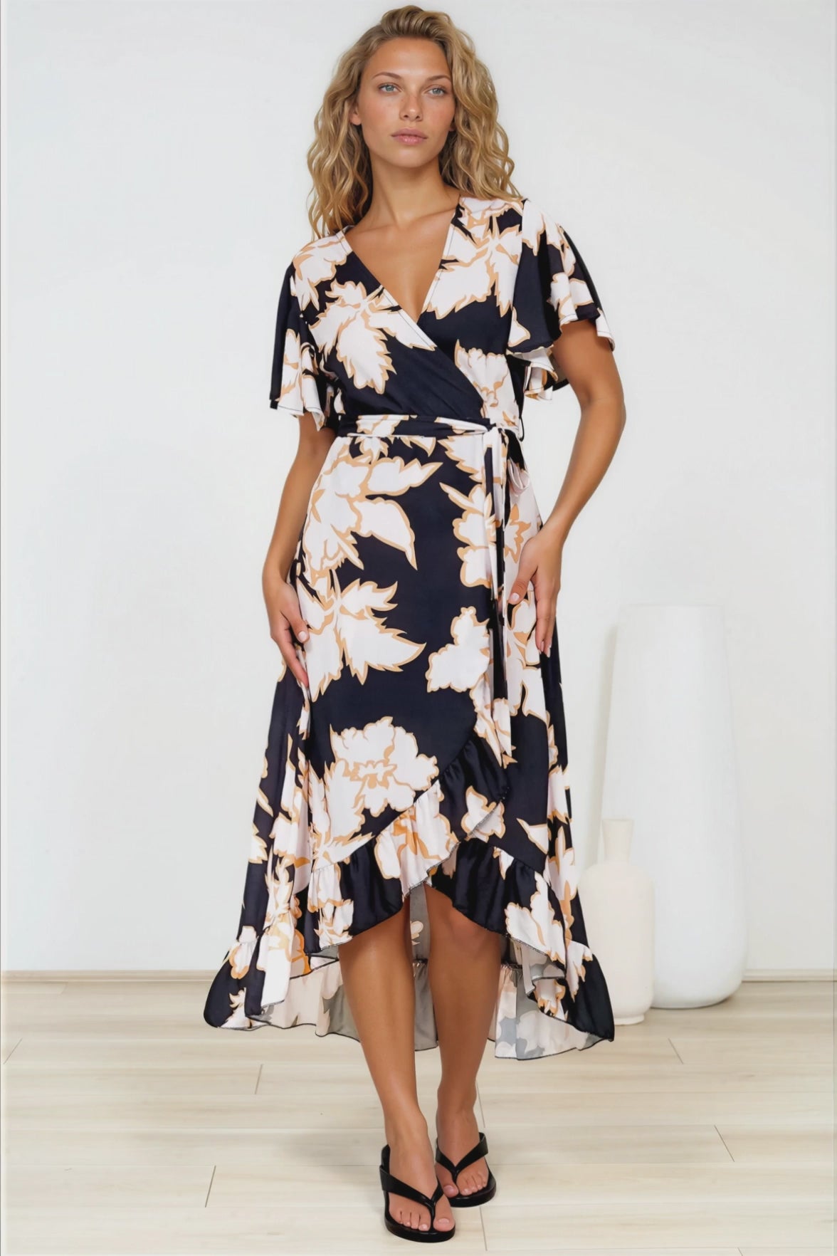 Carolina Midi Dress - V Neck Wrap Dress with Ruffle High Low Hemline in Illaria Print