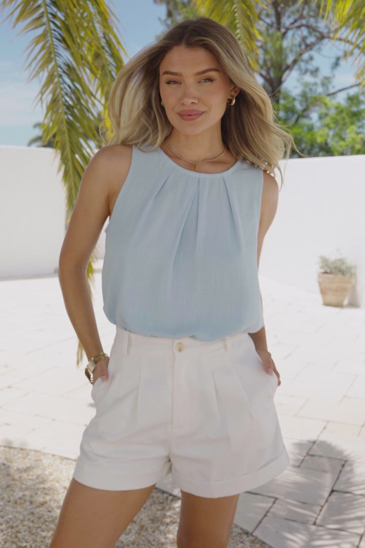 Genevieve Top - Crew Neck Sleeveless Linen Blend Top in Blue