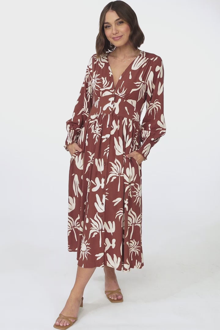 Jolie Midi Dress - V Neck Buttoned Down Long Sleeve Dress in Wells Print Brown