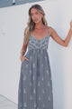 Nerina Maxi Dress - Spaghetti Strap Sun Dress with Pull Tie Waist and Pockets in Roselle Print Blue