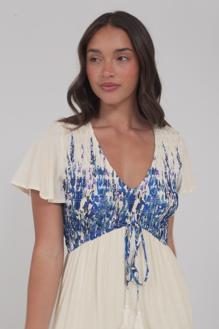 Amaya Midi Dress - Shirred Cap Sleeve A Line Dress in Marella Print Blue