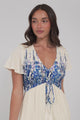 Amaya Midi Dress - Shirred Cap Sleeve A Line Dress in Marella Print Blue